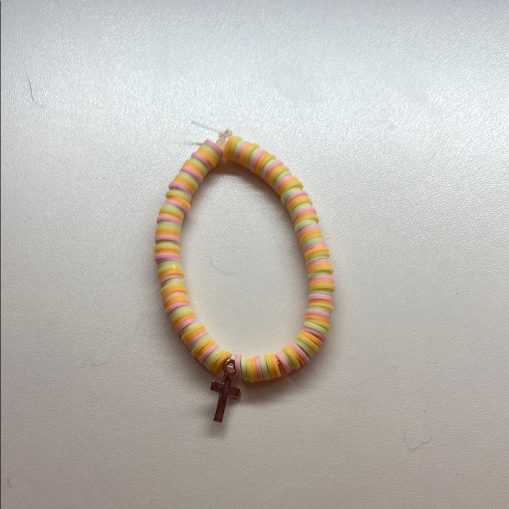 Pastel Clay Bead Bracelet with Cross Charm